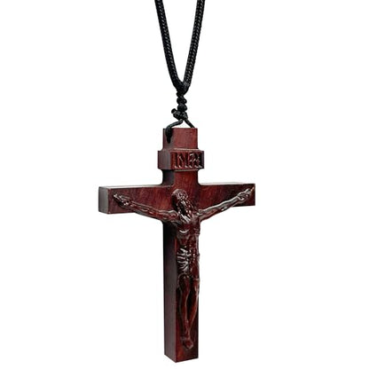 Wooden Crucifix Necklace for Men Women, Brown Wood Cross Christian Jesus Catholic Handmade Natural Pendant Chain, Braided Cord Rope, Religious Jewelry Spiritual Gift for Baptism Confirmation Easter