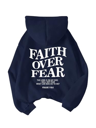 SHENHE Women's Graphic Slogan Faith Over Fear Christian Sweatshirt Hoodie - color: Dark Blue, size: Small