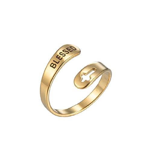 Caiyao Stainless Steel Christian Cross Engraved Love Faith Hope Blessed Ring Polished Opening Adjustable Letter Religious Ring for Women Men Birthday Jewelry Gift - color: E gold blessed