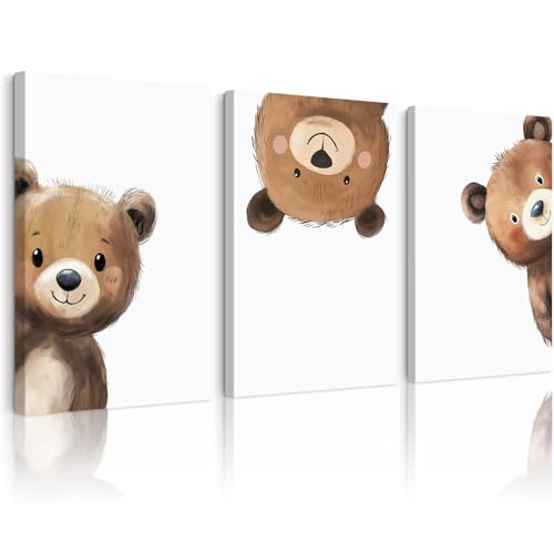 Bear Nursery Wall Art Decor Kids Canvas Poster Baby Boy Nursery Wall Decor Woodland Animal Pictures Teddy Peeking Bear Prints Cute Brown Painting Neutral Artwork Bedroom 12x16x3 Inch Ready to Hang - color: Bear Prints, size: 12''x16'' Wrapped Canvas