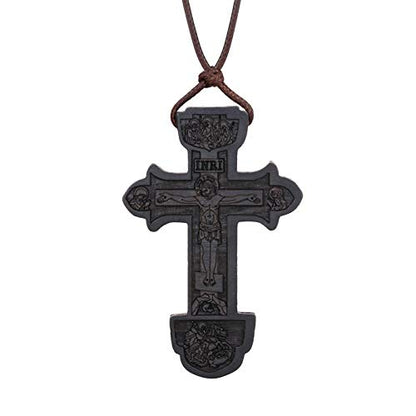 COTTVOTT Wood Orthodox Cross Pendant Necklace Christian Crucifix Necklace Prayer Jesus for Women Men - style: D-Black Color