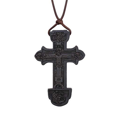 COTTVOTT Wood Orthodox Cross Pendant Necklace Christian Crucifix Necklace Prayer Jesus for Women Men - style: D-Black Color