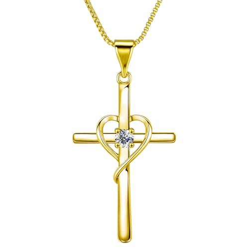 Cross Heart Necklace, 18K Gold Plated Crystal Pendant for Women - color: Yellow