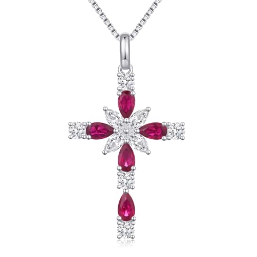 925 Sterling Silver Cross Necklace for Women，Birthday Delicate Star Cross Necklace Jewelry Gifts for Women，Birthstone Religious Jewelry for Mom, Chain 18 inch - color: G. 7. Red-July-Ruby
