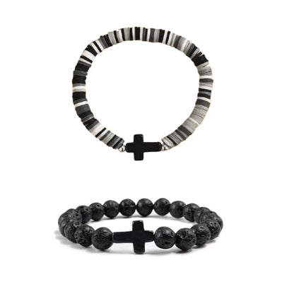 Colorful Handmade Cross Beaded Bracelet for Women Qute Religious Stone Clay Beaded Bracelet for Christian Inspirational Easter Chrismas Thanksgiving Gifts Jewelry - color: Black