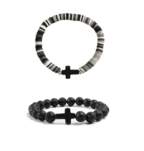 XAM 2Pcs Colorful Handmade Clay Stone Cross Beaded Bracelet for Men Women Inspirational Cross Faith Bracelet for Christian Easter Thanksgiving Christmas Birthday Gifts Jewelry - color: Black