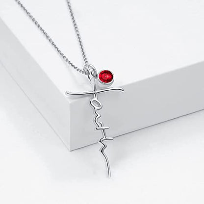 PRAYMOS Faith Cross Necklace for Women 925 Sterling Silver Pendant Necklace With Birthstone Initial Christian Religious Confirmation Baptism Mothers Day Gifts - color: 2-Silver July(Ruby)