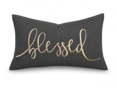 EURASIA DECOR Blessed Embroidered Lumbar Pillow Cover 12x20, Dark Grey - color: Dark Grey