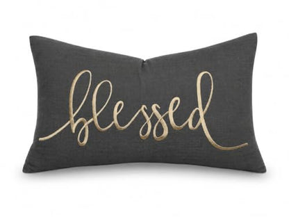 EURASIA DECOR Blessed Embroidered Lumbar Pillow Cover 12x20, Dark Grey - color: Dark Grey