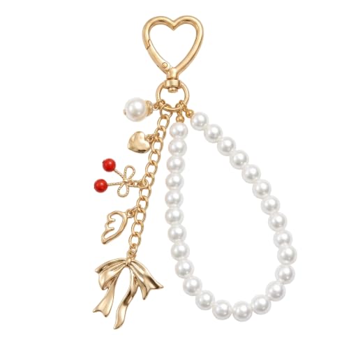 Cute Bag Charms Keychain - Pearl Keyring Wristlet Birthday Gifts - color: Gold Bow