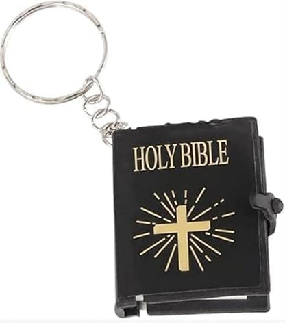 Miniature Holy Bible Keychain - Black Zinc Alloy Scripture Pendant with Cross Charm, Compact Christian Jewelry for Men and Women (Key Ring and Bag Accessory)