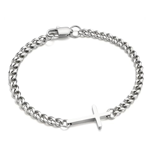 M MOOHAM Cross Bracelet for Men, Silver/14K Gold Plated Mens Bracelet - color: Silver Plated Cuban Link Chain-7.5Inch