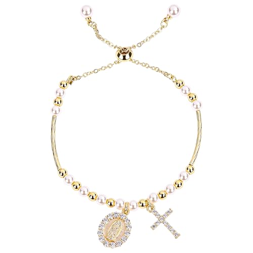 Rosary Cross Bracelet for Women, Gold Virgin Mary Rosary Beads Catholic Bracelet - style: white and gold beads