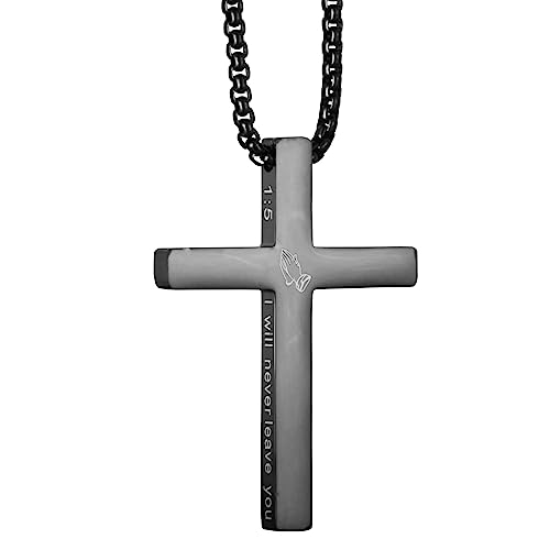 Cross Necklace Stainless Steel Necklace Religious Bible Verse Pendant Crucifix Necklace Faith Jewelry with 22' Chain - style: Joshua1:5 - BLACK