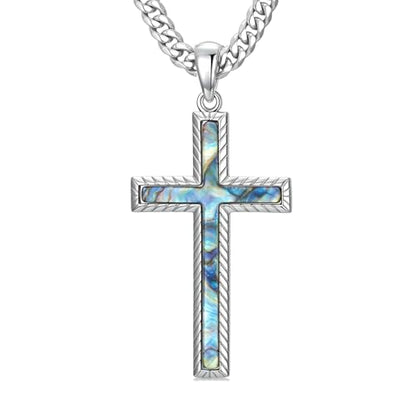 MRENITE Silver Natural Stone Cross Necklace, Classic Latin Cross Pendant Necklace for Unisex Women Man, Vintage Crystal Quartz Cross Necklace with 20+2 Inches Adjustable Cuban Chain - style: Abalone