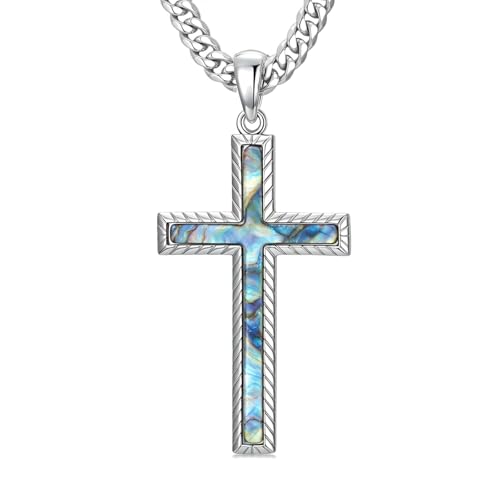 MRENITE Silver Natural Stone Cross Necklace, Classic Latin Cross Pendant Necklace for Unisex Women Man, Vintage Crystal Quartz Cross Necklace with 20+2 Inches Adjustable Cuban Chain - style: Abalone