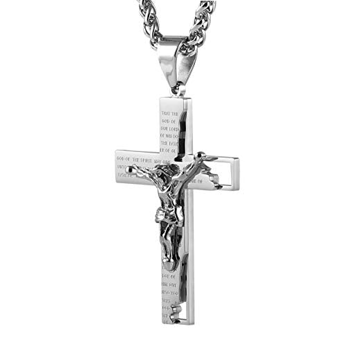 HZMAN Men's Stainless Steel Cross Crucifix Bible Prayer Pendant Necklace - color: Silver