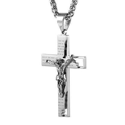 HZMAN Men's Stainless Steel Cross Crucifix Bible Prayer Pendant Necklace - color: Silver