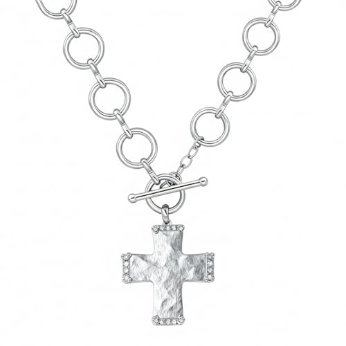 Chunky Cross Necklace for Women, 925 Sterling Silver Pendant with Copper Chunky Chain, Non Tarnish Statement Necklace for Daily Wear, Gift - color: Silver-01