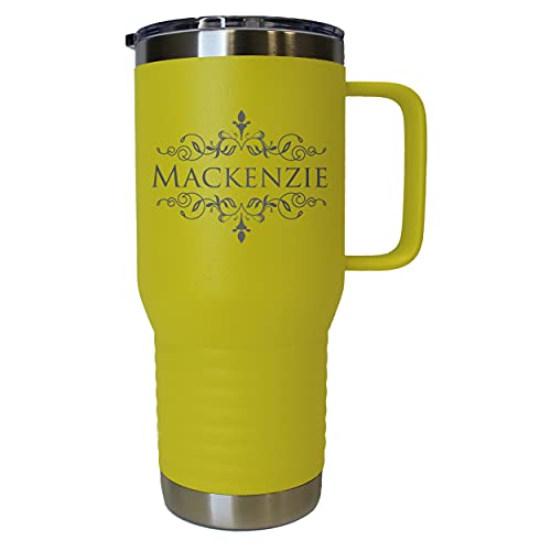 The Wedding Party Store Custom Personalized 20 oz Stainless Steel Powder Coated Vacuum Insulated Double Walled Travel Tumbler Coffee Mug with Handle and Lid (Yellow) - color: Yellow