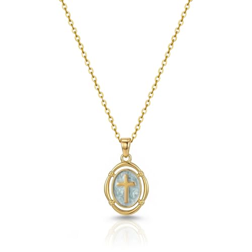 Bheop Cross Necklace for Women, 14K Gold Silver Enamel Pendant Necklace - color: Blue