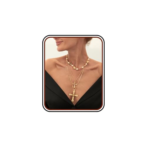 Layered Cross Necklace Set for Women – Vintage Gold Pearl Choker, Multi-Strand Chain with Religious Pendant, Trendy Baroque Statement Jewelry, Adjustable Fashion Gift - color: 3 Layer Gold Cross