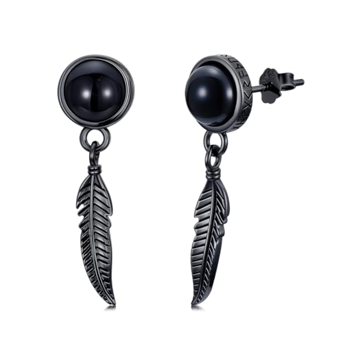 Black Dangle Drop Earrings 925 Sterling Silver Black Onyx Stud Earrings Viking Rune Jewelry Gift for Women Men - color: A04-Feather