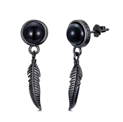 Black Dangle Drop Earrings 925 Sterling Silver Black Onyx Stud Earrings Viking Rune Jewelry Gift for Women Men - color: A04-Feather