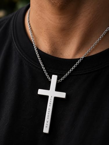 Engraved Cross Necklace for Men, Women & Boys & Girls Cross Necklace, Stainless Steel Cross Pendant Necklace, Faith & Inspiration Christian Jewelry Gift - color: Jesus Loves You