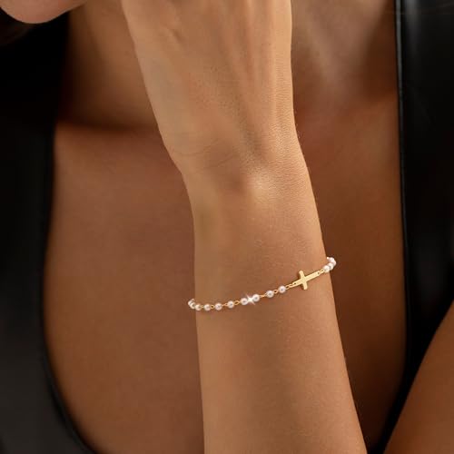Moodear Cross Bracelet for Women, Dainty Sterling Silver/Gold Plated Gift - color: Pearl Gold Cross Bracelet