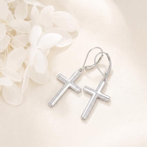 Cross Earrings for Women 925 Sterling Silver Cross Dangle Leverback Drop Earrings Christian Religious Jewelry Gifts Hypoallergenic