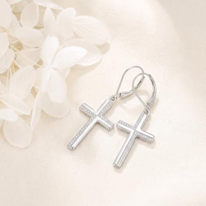 Cross Earrings for Women 925 Sterling Silver Cross Dangle Leverback Drop Earrings Christian Religious Jewelry Gifts Hypoallergenic