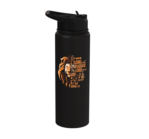 Christian Bible Verse Joshua 1:9 Lion Stainless Steel Insulated Water Bottle - color: Black