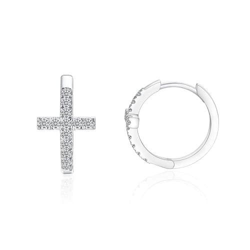 IMOLOVE Huggie earrings for women Ear Cuff Moissanite Stud Earrings Hypoallergenic Earrings for Women Sterling Silver with 18K White Gold Plated Earrings - color: 15.8mm Cross Hoop-White
