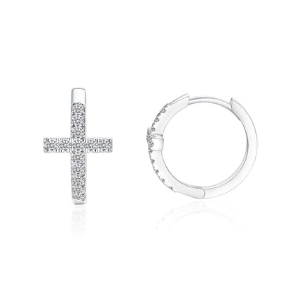 IMOLOVE Huggie earrings for women Ear Cuff Moissanite Stud Earrings Hypoallergenic Earrings for Women Sterling Silver with 18K White Gold Plated Earrings - color: 15.8mm Cross Hoop-White