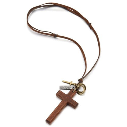 COOLSTEELANDBEYOND Leather Cord Necklace with Wooden Cross and Ring Charms, Mens Womens, Adjustable Brown Leather Cord
