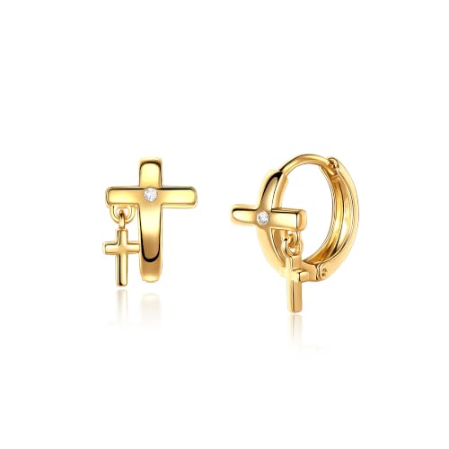 14K Gold Cross Huggie Earrings for Women Hoop Small Cross Earring - color: Tiny Gold Cross Hoop Earring