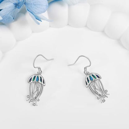 Crab/Mushroom/Lobster/Bat/Angler Fish/Tiger/Elephant/Jellyfish/Flamingo/Scorpion Earrings Dangling Sterling Silver Created Blue Opal Earrings Jewelry Gifts for Women Girls… - style: Jellyfish
