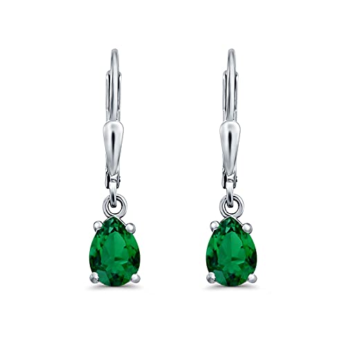 Teardrop Bridal Dangling Leverback Earrings Pear Cubic Zirconia 925 Sterling Silver - color: Simulated Green Emerald CZ