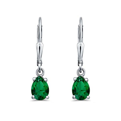Teardrop Bridal Dangling Leverback Earrings Pear Cubic Zirconia 925 Sterling Silver - color: Simulated Green Emerald CZ