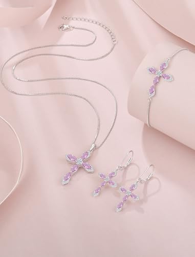 Birthstone Cross Earrings for Women 925 Sterling Silver - color: 10 October - Pink Tourmaline