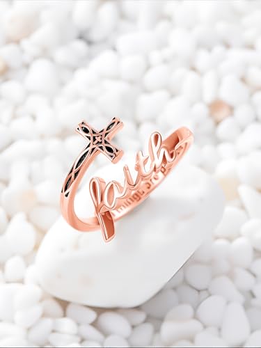 Cross Rings Faith Ring 925 Sterling Silver Adjustable Cross Wrap Ring Christian Fashion Band for Women - color: C-Rose Gold