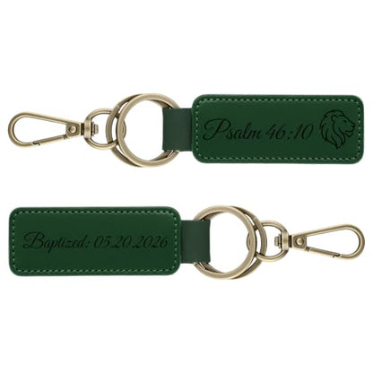 Custom Leather Christian Keychain, Personalized Engraved Bible Verse - color: Green