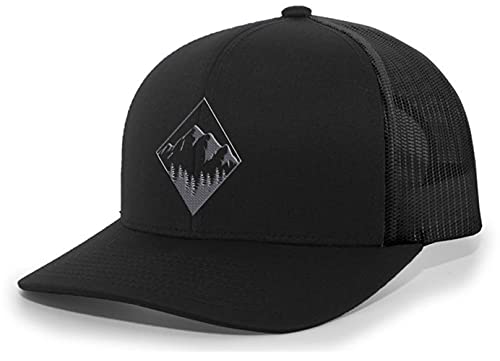 Trenz Shirt Company Men's Retro Geometric Diamond Mountain Outdoors Woodland Embroidered Mesh Back Trucker Hat - color: Black/Black