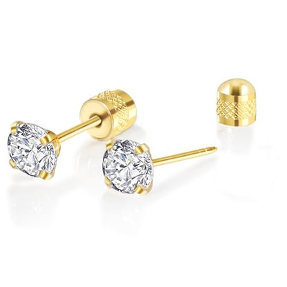 Titanium Earrings Push-in Threadless Flat Back Stud Earrings for Women Men, Cartilage Earring Hypoallergenic Cubic Zirconia Earrings Studs for Helix Tragus Piercing Jewelry - color: Gold-8mm
