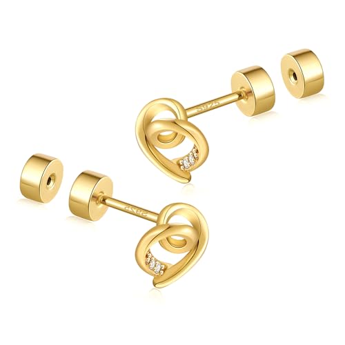 CEROUNO Flat Back Stud Earrings - 925 Sterling Silver Post Flatback Earrings Gold Silver Cubic Zirconia Earrings Studs for Women - color: Gold Heart