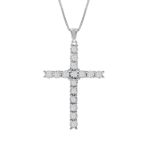 Diamond Cross Necklace for Women | 14K White Gold Plated Sterling Silver - size: 1/7 Carat
