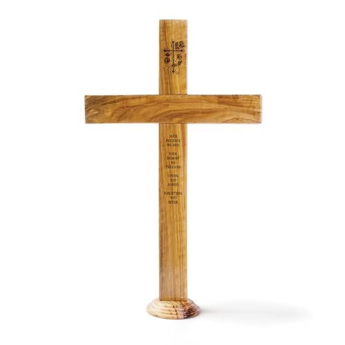 Loving Memory Floral Memorial Cross Stand for Desk, Genuine Handcrafted Olive Wood Large Wooden Cross From the Holy Land, Engraved Tabletop Cross Statue Keepsake Religious Gifts for Loss of Loved One - color: Loving Memory Floral