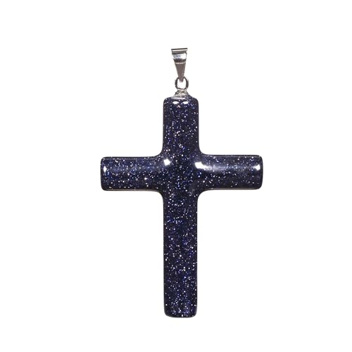 Justinstones Natural Gemstone Carved Cross Reiki Chakra Pendant Necklace 22 Inch - color: 40mm Synthetic Blue Goldstone