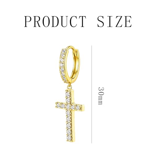 NEWITIN CZ Cross Earrings for Men Women 14K Gold Plated Huggie Hoop Earring - color: Gold B